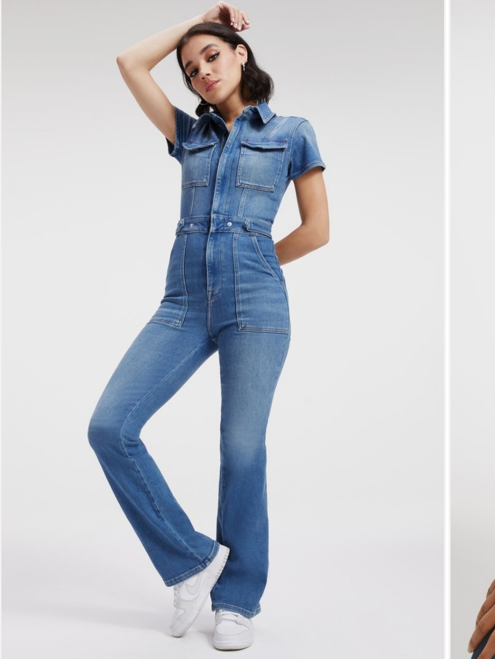 Good American Blue Denim Flare Jumpsuit